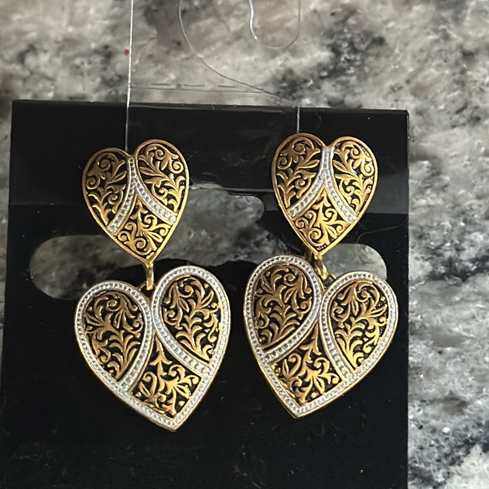 Damascene style vintage heart earrings